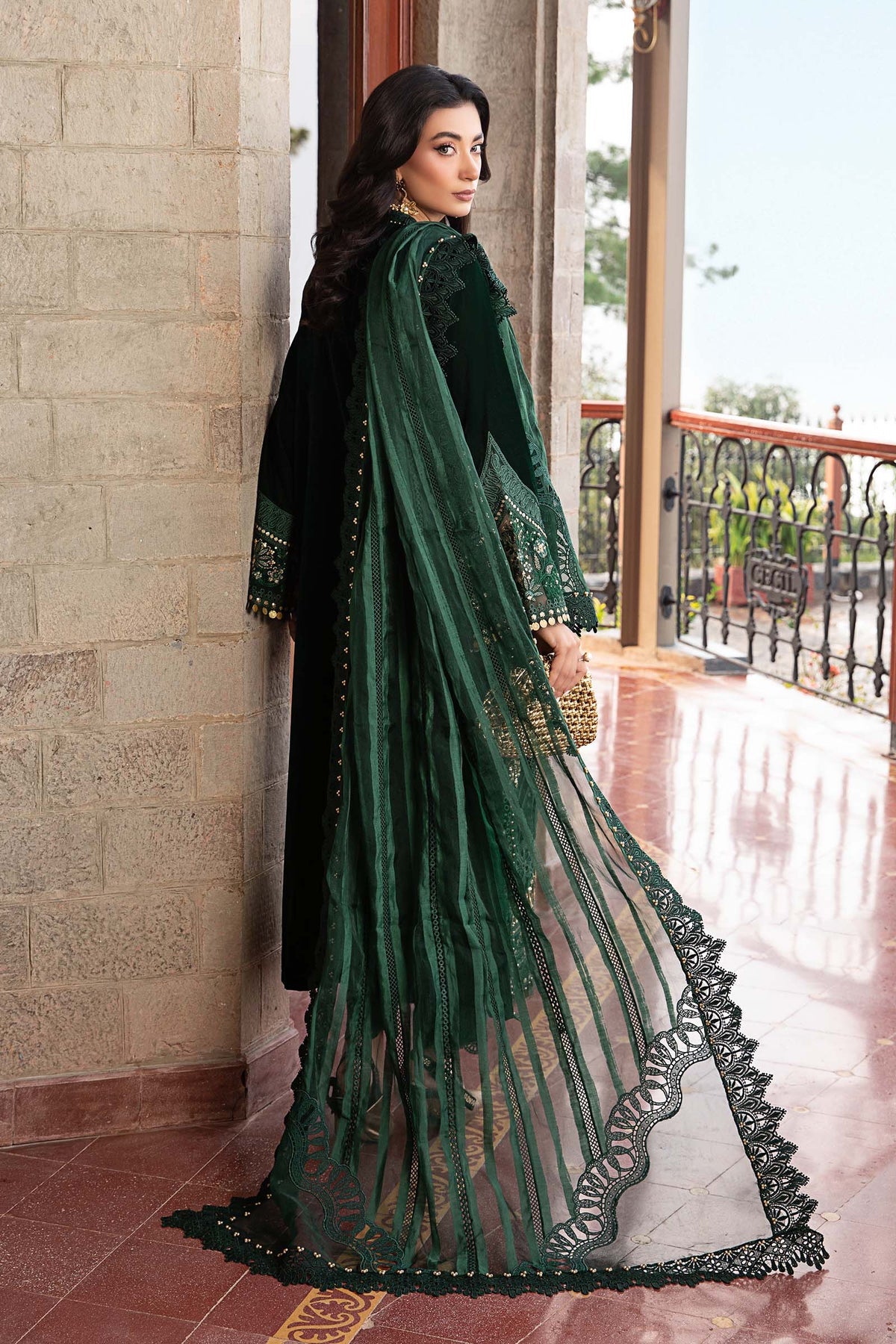 Maria. B | 3 Piece Unstitched Embroidered Velvet Suit | DL-1212 Emerald Green