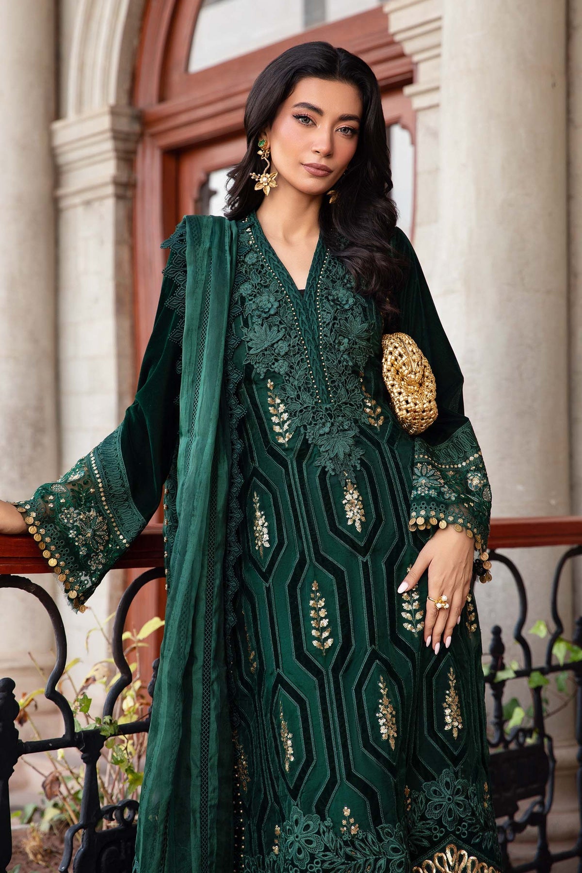 Maria. B | 3 Piece Unstitched Embroidered Velvet Suit | DL-1212 Emerald Green