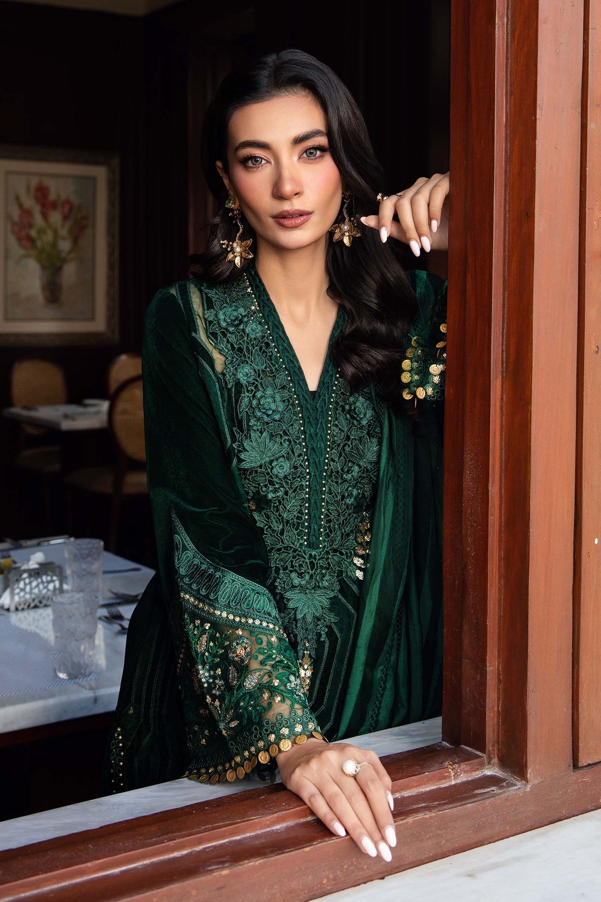 Maria. B | 3 Piece Unstitched Embroidered Velvet Suit | DL-1212 Emerald Green