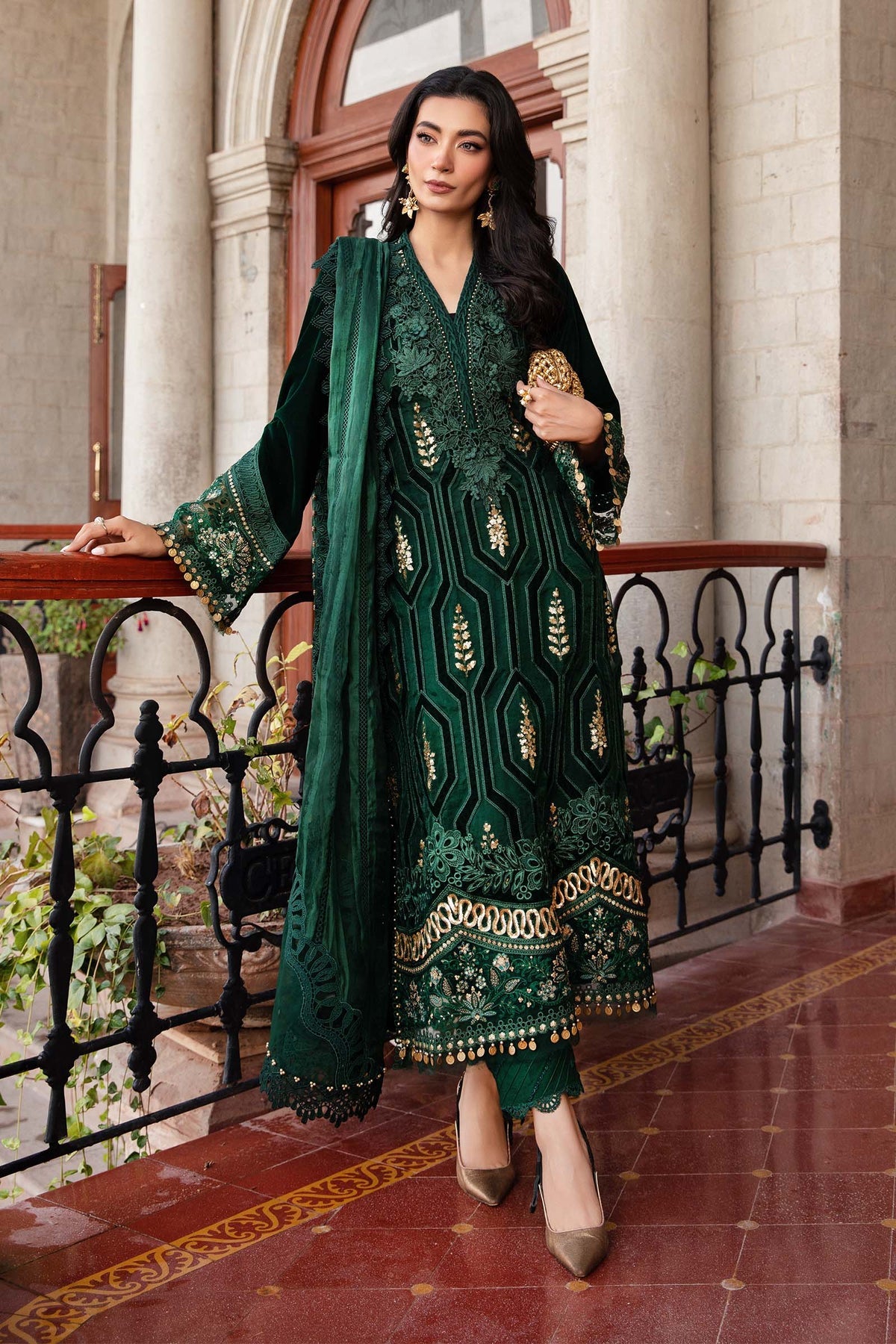 Maria. B | 3 Piece Unstitched Embroidered Velvet Suit | DL-1212 Emerald Green