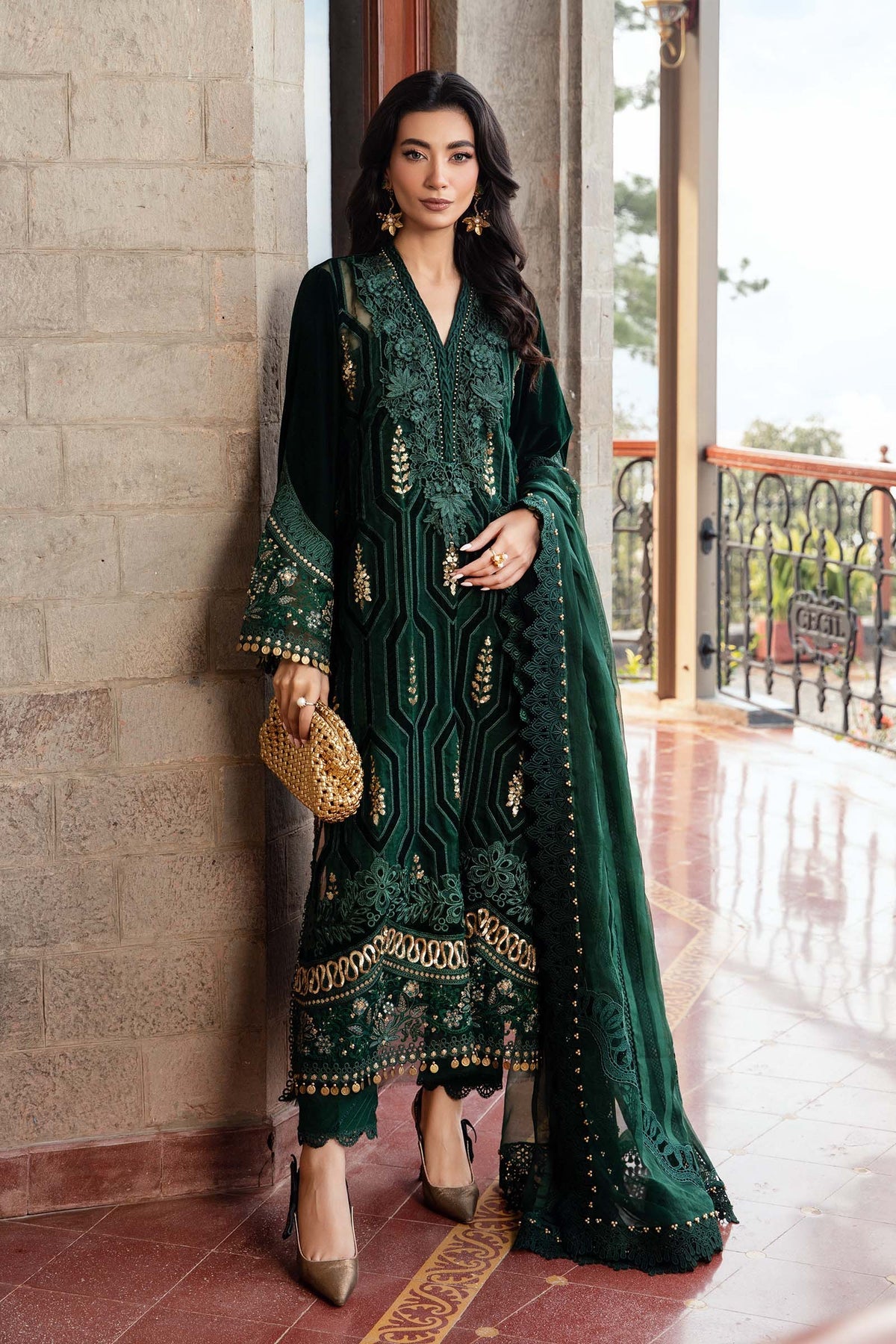 Maria. B | 3 Piece Unstitched Embroidered Velvet Suit | DL-1212 Emerald Green