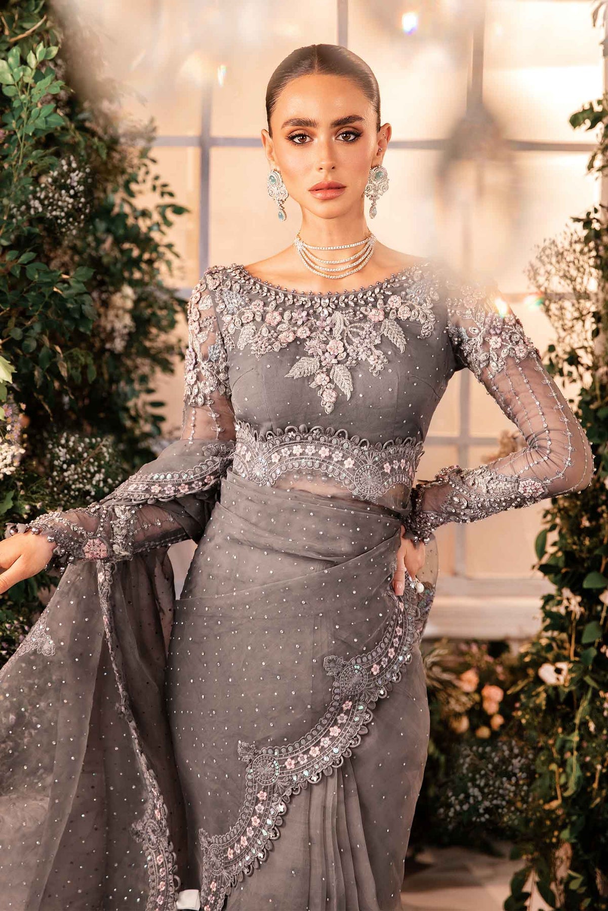 Embroidered Organza Suit | BD-2902 - Grey-Default