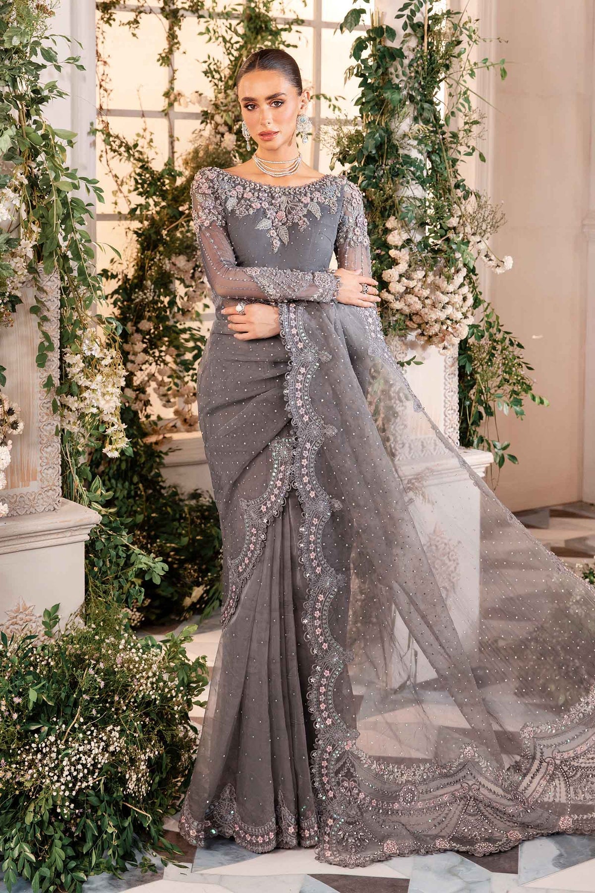 Embroidered Organza Suit | BD-2902 - Grey-Default